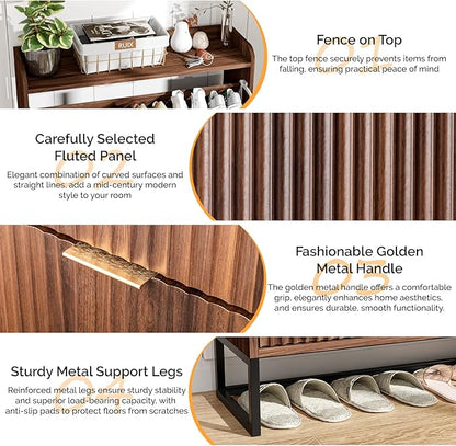 VINGLI Fluted Shoe Cabinet Storage for Entryway,Hidden Shoes Storage Cabinet with 2 Flip Drawers, Mid Century Modern Shoe Rack Organizer,Free Standing Shoes Organizer for Hallway(Dark Walnut)