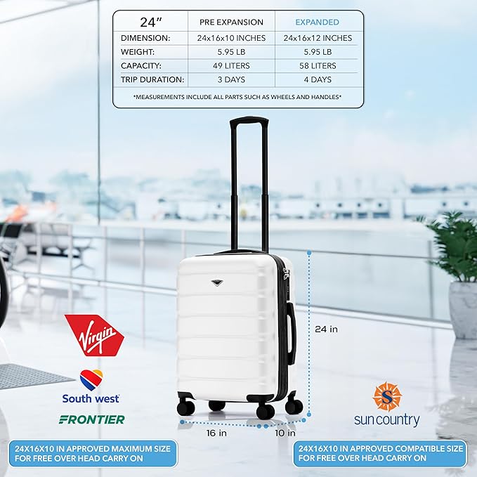 Flight Knight 24x16x10 Expandable Carry On Suitcase Hardside TSA Lock USB C Lightweight Luggage Silent Double Spinner Wheels Maximum Overhead Carry-On Bag For Virgin & South West Approved Airlines