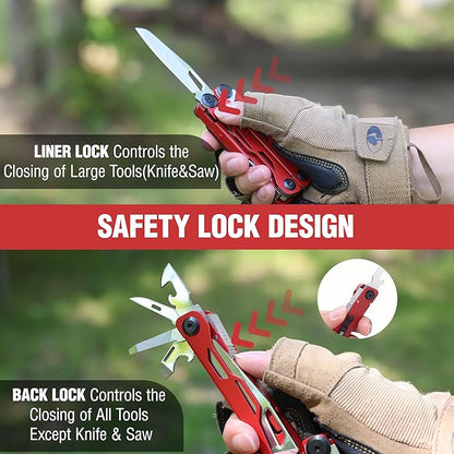 WORKPRO 24-in-1 Mutitool, Stainless Steel Multitool Pliers with Pocket Knife and Screwdrivers, EDC Self-locking Multi Tool with Sheath, Belt Clip for Outdoor Activities, Gifts for Men, Red