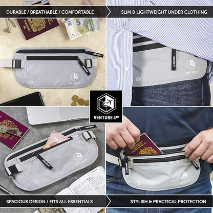 VENTURE 4TH Money Belt for Travel – Hidden Under-Clothes RFID Blocking Passport Holder & Slim Travel Wallet Pouch for Men & Women to Protect Cash, Cards & Documents (Silver)