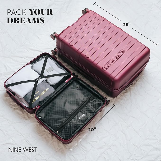 Nine West Celine 3 Piece Luggage Set – 20″ Carry-On & 28″ Checked Suitcase, Burgundy, Lightweight Expandable Hardshell with Spinner Wheels, Water-Resistant – Celine Collection for Women