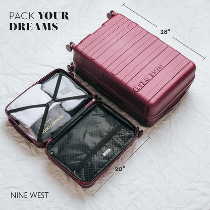 Nine West Celine 3 Piece Luggage Set – 20″ Carry-On & 28″ Checked Suitcase, Burgundy, Lightweight Expandable Hardshell with Spinner Wheels, Water-Resistant – Celine Collection for Women