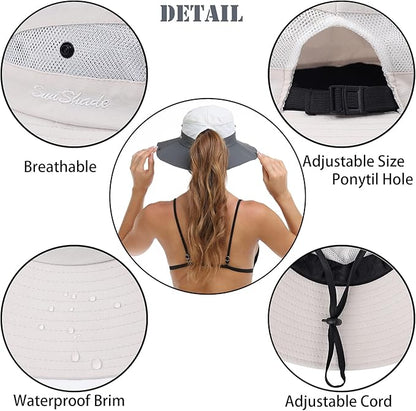 Womens Summer Sun Hat Beach Hat Wide Brim Outdoor UV Protection Hat Foldable Cool Mesh Ponytail Bucket Hat