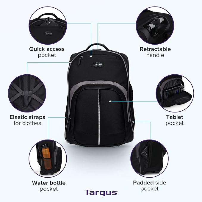 Targus 16 Inch Compact Rolling Backpack, Black - Wheeled Travel Bag with Removable Protective Laptop Sleeve, Fits Laptops Up to 16” and MacBook Pros up to 17” (TSB750US)