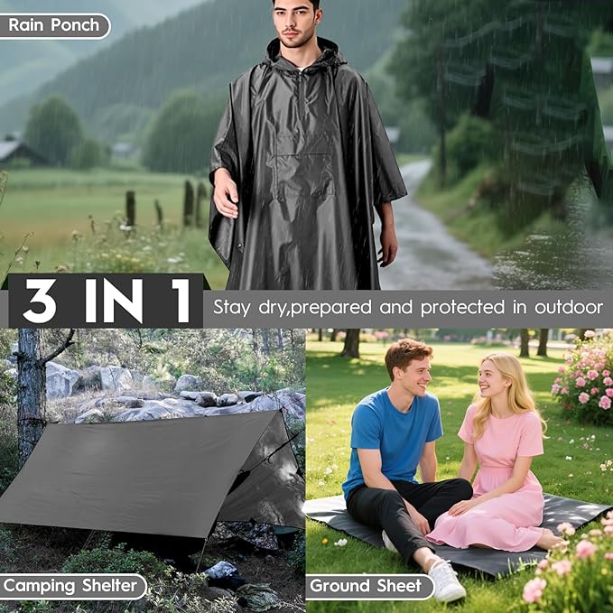 Bruvoalon 3-in-1 Rain Poncho with 1/4 Zip & Chest Pocket, Waterproof, Sunshade, Ground Mat for Adults & Youth Emergency