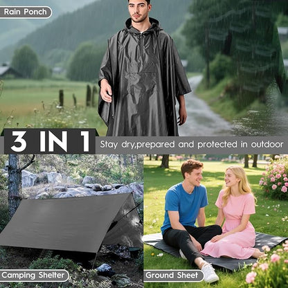 Bruvoalon 3-in-1 Rain Poncho with 1/4 Zip & Chest Pocket, Waterproof, Sunshade, Ground Mat for Adults & Youth Emergency