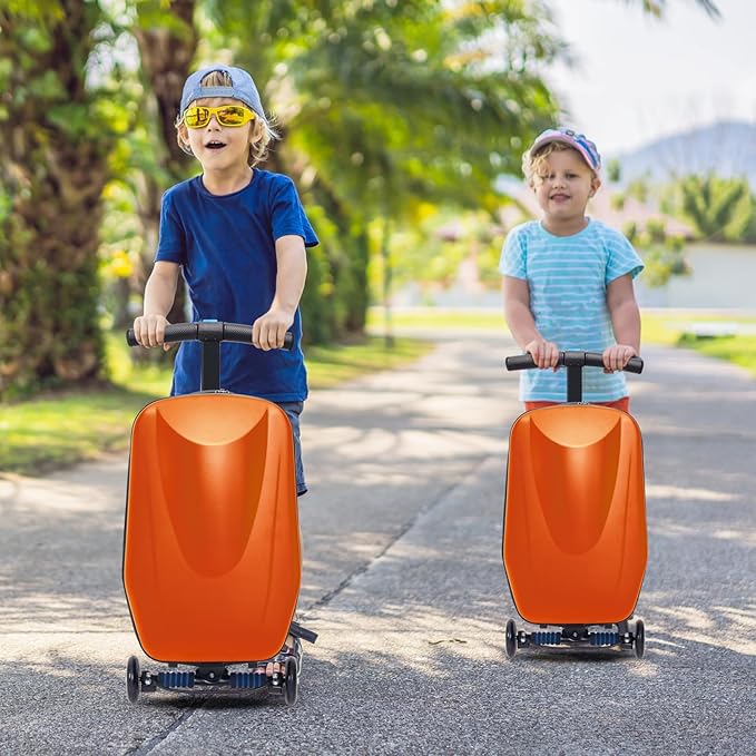 Apelila 20" Scooter Suitcase for Kids, 2-in-1 Ride On Luggage with Wheels for Boys & Girls Ages 4-15, Foldable Hardshell Carry On Lightweight Travel Suitcase for Airplane (Orange)