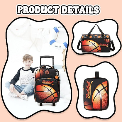 Kids Basketball Luggage with Wheels Suitcases Travel Softside Suitcases 16" Carry on Suitcase with Duffle Bag Luggage Sets Airline Approved