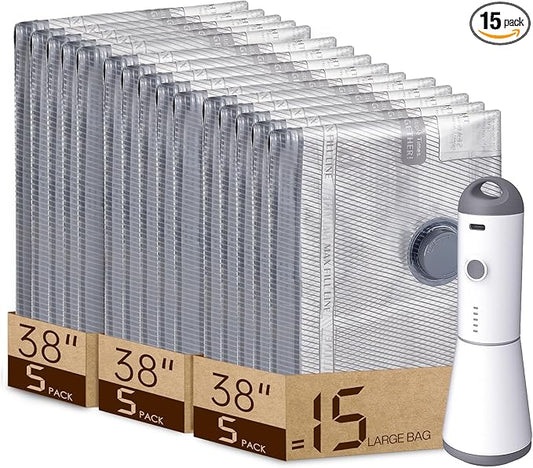15 Packs Rechargeable Pump Vacuum Bags for Travel Packing, Large Size Vacuum Seal Bags for Luggage and Suitcase Compression, Space Saver for Bedding and Clothing Organization
