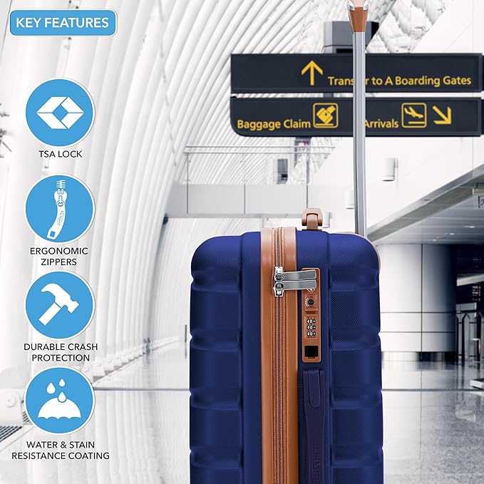 Flight Knight Luggage Sets TSA Lock Silent Double Spinner Wheels Suitcase With Case Maximum Carry On Bag Size For American & United Approved Airlines(3 Piece Set (22/27/31"),Navy/Tan)
