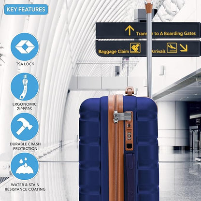 Flight Knight Luggage Sets TSA Lock Silent Double Spinner Wheels Suitcase With Case Maximum Carry On Bag Size For American & United Approved Airlines(3 Piece Set (22/27/31"),Navy/Tan)