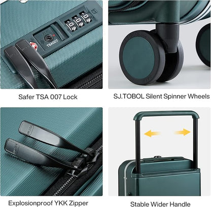 MILADA Wide Handle Carry On Luggage with Front Pocket Hardshell 20 Inch Front Opening Luggage with Spinner Wheels TSA Lock Aluminium Suitcase Airline Approved Carry-On Travel Luggage, Blackish Green