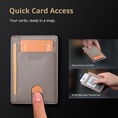 Buffway Slim Minimalist Front Pocket RFID Blocking Leather Wallets for Men and Women - Lichee Khaki