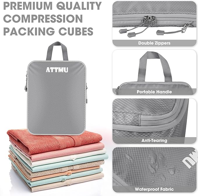 8 Set Compression Packing Cubes for Travel, Expandable Compression Cubes for Suitcases, Lightweight Suitcase Organizer with Shoes & Laundry Bags, Travel Accessories for Men Women