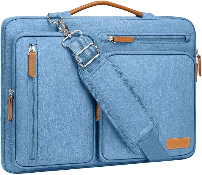 MOSISO 360 Protective Laptop Shoulder Bag,15-15.6 inch Computer Bags Compatible with MacBook Pro 16 inch, HP, Dell, Lenovo, Asus Notebook,Side Open Messenger Bag with 4 Zipper Pockets, Sky Blue