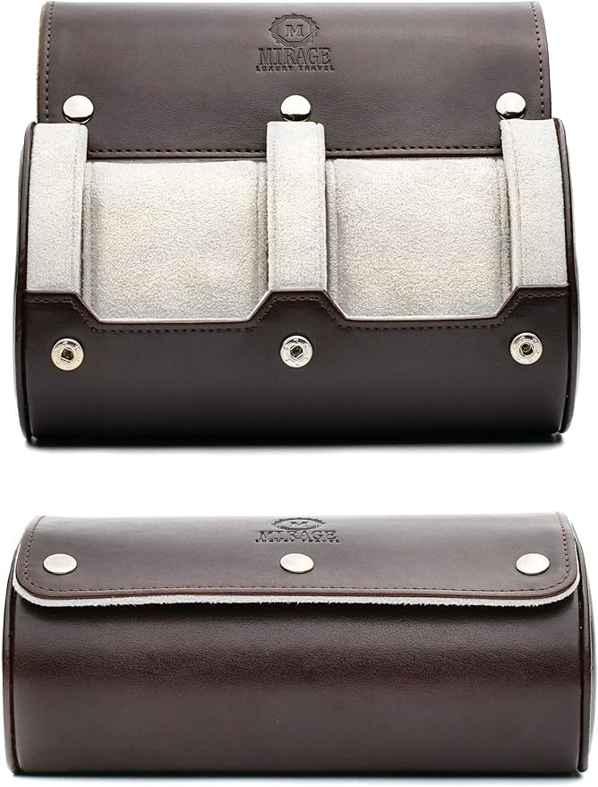 2 Watch Travel Case for Men - Mirage Watch Roll Gift Accessory - Espresso/Ivory Vegan Leather