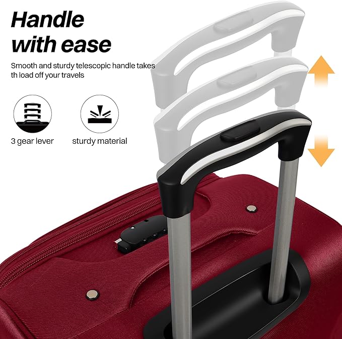 20" Luggage, Softside Suitcase with LOCK,Expandable Luggage w/Double Spinner Wheels, Lightweight Rolling Suitcases for Travel Carry On Luggage（Burgundy-Grey,20in）