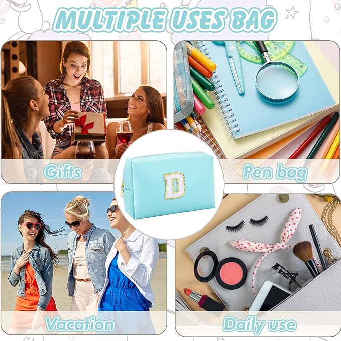 Gifts for Girls Initial Makeup Bag Personalized Cosmetic Bag with Zipper Cute Travel Toiletry Bag Waterproof PU Preppy Makeup Pouch Birthday Gift for Teen Girls Women(Blue D)