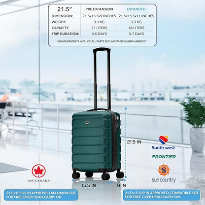 Flight Knight 21.5x15.5x9" Expandable Carry On Suitcase Hardside TSA Lock & USB C Port Lightweight Luggage Silent Double Spinner Wheels Maximum Canada Air Overhead Carry-On Bag Many Airlines Approved