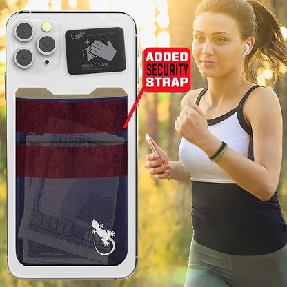 Gecko Travel Tech Double Pocket - Adhesive Card Holder - Cell Phone Pouch - Stick on Spandex Pocket - Carry Credit Cards and Cash (Navy)