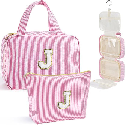 YOOLIFE Travel Toiletry Bag Makeup Bag - Hanging Toiletry Bag for Women, Portable Toiletries Travel Bag and Cosmetic Bag, Airplane Travel Essentials Travel Toiletry Bag - Letter J, Pink