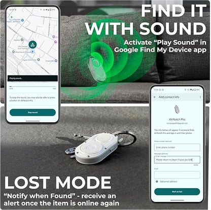 Rolling Square AirNotch Pro – Android Find Hub Only - Bluetooth Tracker Keychain, Replaceable Batteries, Loud 360° Sound, Anti-Loss Locator, Glow-in-The-Dark, Waterproof, White