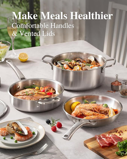 Stainless Steel Cookware Set,Tir-Ply Pots and Pans Set,13 Pcs Stainless Steel Induction Kitchen Cookware Sets,PFOA Free, Frying Pans,Saucepans,Saute Pan & Stock Tagine Pot,Compatible with All Cooktops