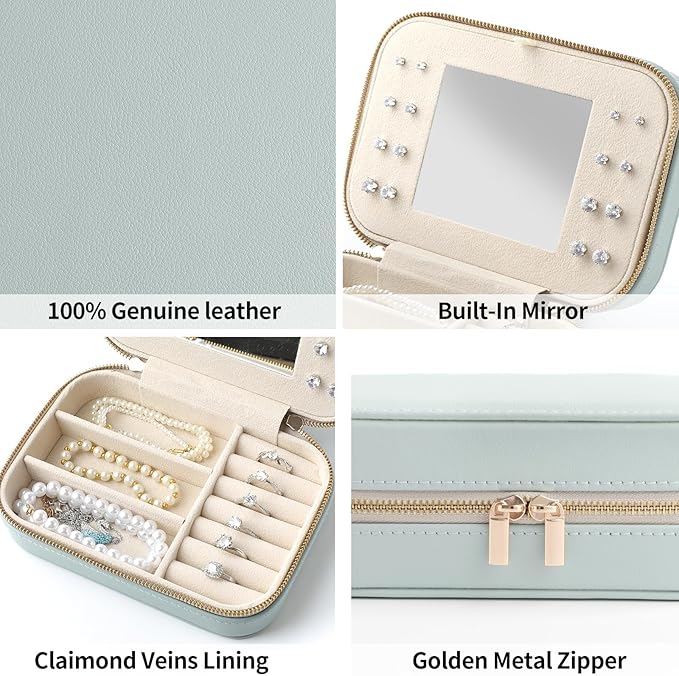 Genuine Leather Travel Jewelry Organizer Case with Mirror for Women, Small Mini Portable Jewelry Box for Ring Earrings Necklace Bracelet Luxury Gift for Women（Lilac）