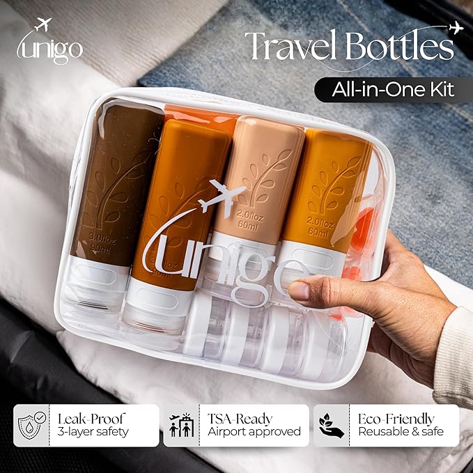 unigo 30pack Full Set TSA Approved Travel Bottles, Travel Size Containers for Toiletries, Refillable Leakproof Shampoo and Conditioner Bottles, Toiletry Containers,Extra Bottle Sleeves(Apricot)