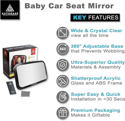Autobase Baby Car Mirror | Shatterproof Baby Mirror for Car Seat Rear Facing with Wide Crystal Clear View | Fully Assembled Car Mirror for Baby | Newborn Essentials for Travel | Baby Registry Items
