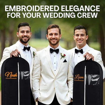 Personalized Garment bag for Groom Tuxedo - Embroidered Name Breathable Black Bag for Groomsmen with 2 Pockets for Hanging Clothes - Ideal for Groom Attire- Custom Suit Cover Bag with Carry Handles