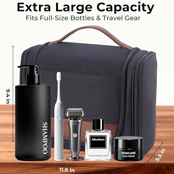 Large Hanging Toiletry Bag for Men, Travel Bathroom Bag with Hook, Hygiene Bag Organizer for Shower, Shaving & Grooming Essentials, Black