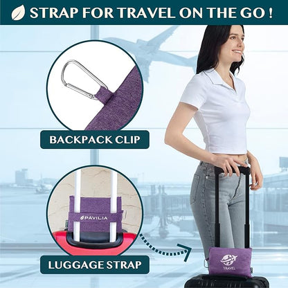 PAVILIA Travel Blanket Compact, Airplane Packable Bag, Soft Fleece Portable Throw Pillow Combo Set, Plane Flight Car Trips Essentials Gift Accessories, Luggage Backpack Clip, Purple, 65 x 40 Inch