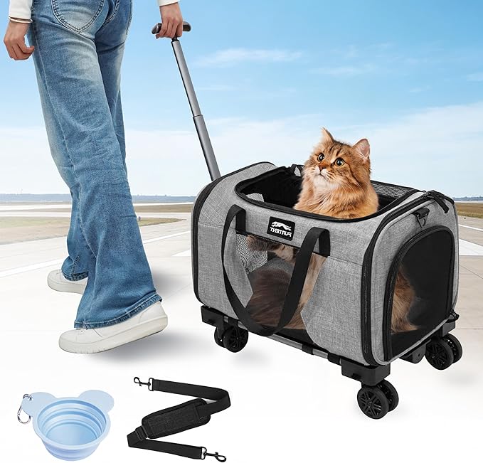 Pet Carrier with Removable Wheels American Airline Approved, Rolling Cat Carrier with Telescopic Handle and Shoulder Strap, Breathable Soft-Sided Carrier with Locking Zipper for Small Cats Dogs(Grey)