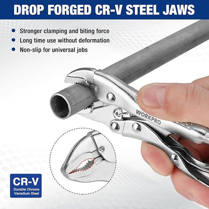 WORKPRO Locking Pliers, 4-inch Mini Curved Jaw Vice Grips pliers, Chromium-Vanadium Steel Locking Pliers with Wire Cutter, Locking Adjustable Vise Grips for Clamping Twisting Welding