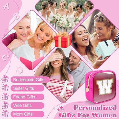 Personalized Initial Letter Clear Preppy Makeup Bag,Mini Nylon Chenille Letter Cosmetic Bag Cute Zipper Pouch Coin Purse for Teen Girls,Portable TSA Approved Travel Essentials Bag Gift for Women,W