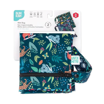 Bumkins Waterproof Wet Bag for Baby, Travel, Swim Suit, Cloth Diapers, Pump Parts, Pool, Beach, Gym Clothes, Toiletry, Hook to Stroller, Daycare, Zipper Reusable Wetdry Packing, 2-pk Jungle and Animal