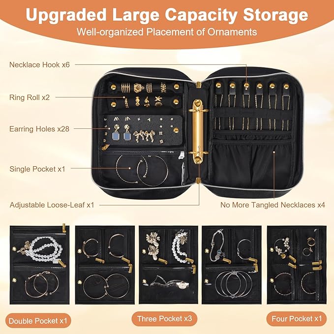 Travel Jewelry Case Organizer for Women, Jewelry Storage Book with Small Pouch, Travel Jewelry Bag Case for Traveling Necklace, Earrings, Rings, Bracelet Organizer (Black)
