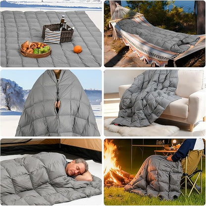Down Camping Blanket - Lightweight, Packable, Warm & Puffy Outdoor Travel Quilt for Sleep, Hiking, Backpacking, Stadium, Festivals, Water-Resistant Sleeping Bag 55"x79"