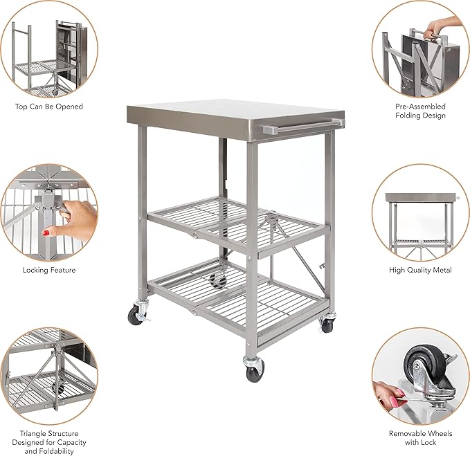 Origami RBT Foldable Kitchen Island Cart, Storage Table Organizer with Wheels, Silver