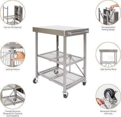 Origami RBT Foldable Kitchen Island Cart, Storage Table Organizer with Wheels, Silver