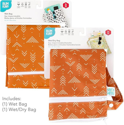 Bumkins - Waterproof Wet and Wetdry Bags - For Beach, Baby, Travel, Swim Suit, Cloth Diapers, Pump Parts, Pool, Gym, Toiletries - Reusable & Easy to Clean - Boho Orange - 2 Pack