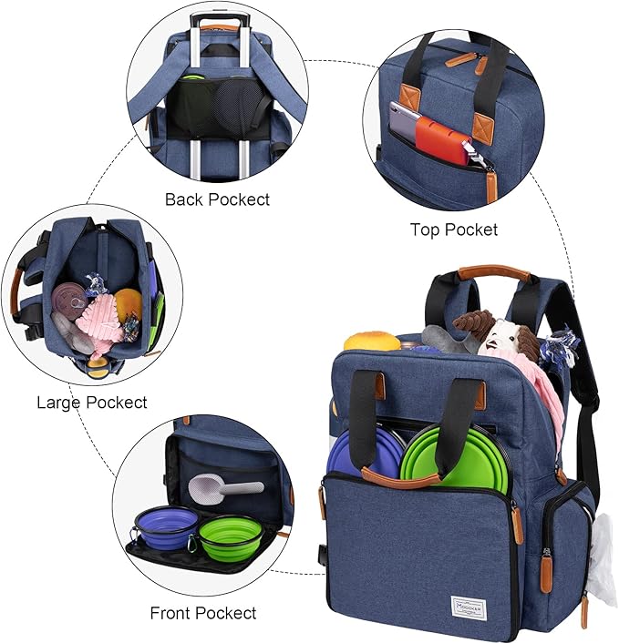 Modoker Dog Travel Bag, Airline Approved Backpack for Pet Accessories Organizer, Tote Weekend Bag with 2 Food Storage Containers, 2 Collapsible Dog Bowls, 1 Pet Mat, Blue