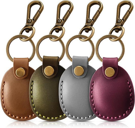 Leather Airtag Holder [ 4 Pack ] with Keychain, Portable Handmade Genuine Leather Air Tag Holder with Keyring Protective Airtag Case Cover Accessories Colorfully 4 Pack