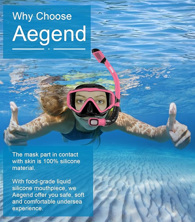 Aegend Snorkeling Gear for Adults Youth Kids, Dry Snorkel Set Panoramic View Enhanced Anti-Leak and Anti-Fog Technology, Adjustable Strap for Snorkeling Scuba Diving Swimming with Mesh Bag