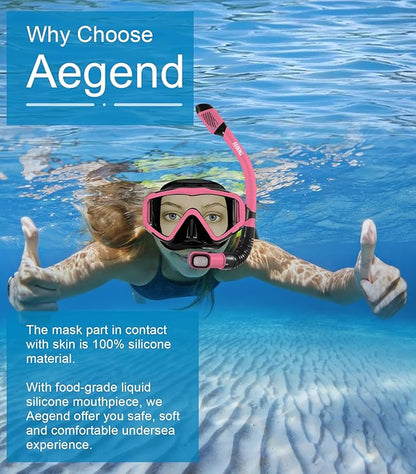 Aegend Snorkeling Gear for Adults Youth Kids, Dry Snorkel Set Panoramic View Enhanced Anti-Leak and Anti-Fog Technology, Adjustable Strap for Snorkeling Scuba Diving Swimming with Mesh Bag
