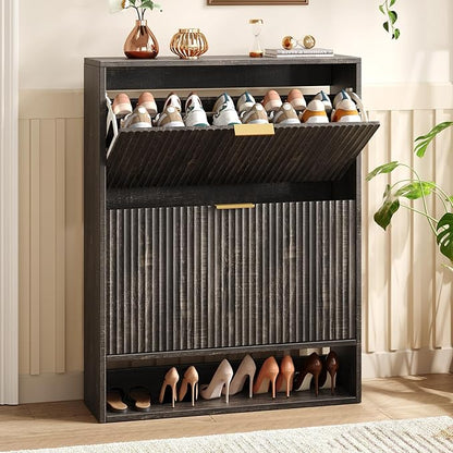 31.5''W Black Shoe Storage Cabinet for Entryway with 2 Flip Drawers, Fluted Slim Shoe Cabinet, Free Standing Wooden Shoes Organizer for Foyer, Hallway