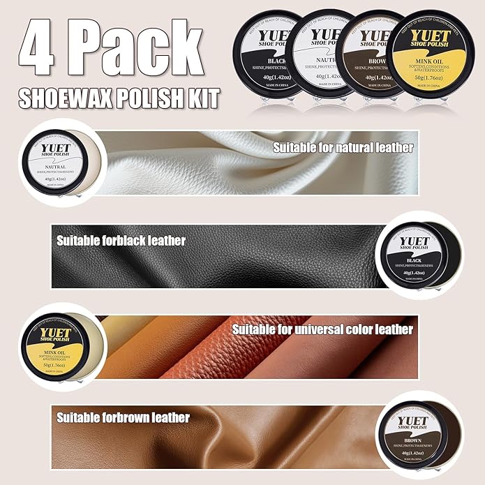 YUET 13PC Shoe Polish Care Kit Leather Boot Shine Set w/Travel Case, Brush, Cloth, Shoehorn, Brown Black Neutral Polish