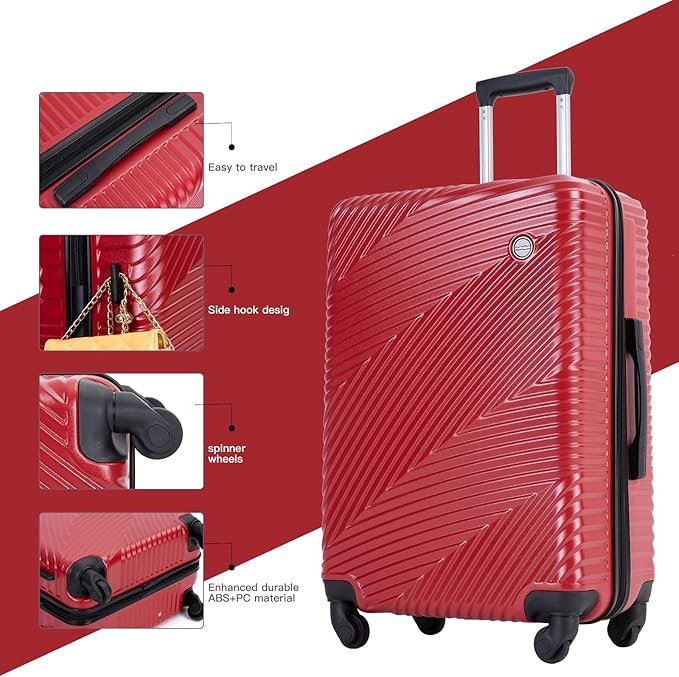 Luggage Sets Wear-Resistance Hardside Lightweight Suitcase Double Spinner Wheels, TSA Lock,Two Hooks, Scratch-resistant Carry-on,3 Piece Set(20inch 24inch 28inch) (Red)