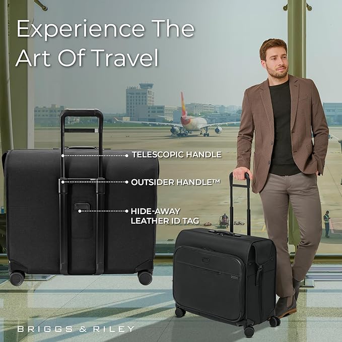 Briggs & Riley Deluxe Wardrobe Spinner - Checked Luggage for Travel, Suitcases with Wheels, Softside Rolling Bag for Men & Women, Built in Hook for Clothes - Baseline Collection, Black